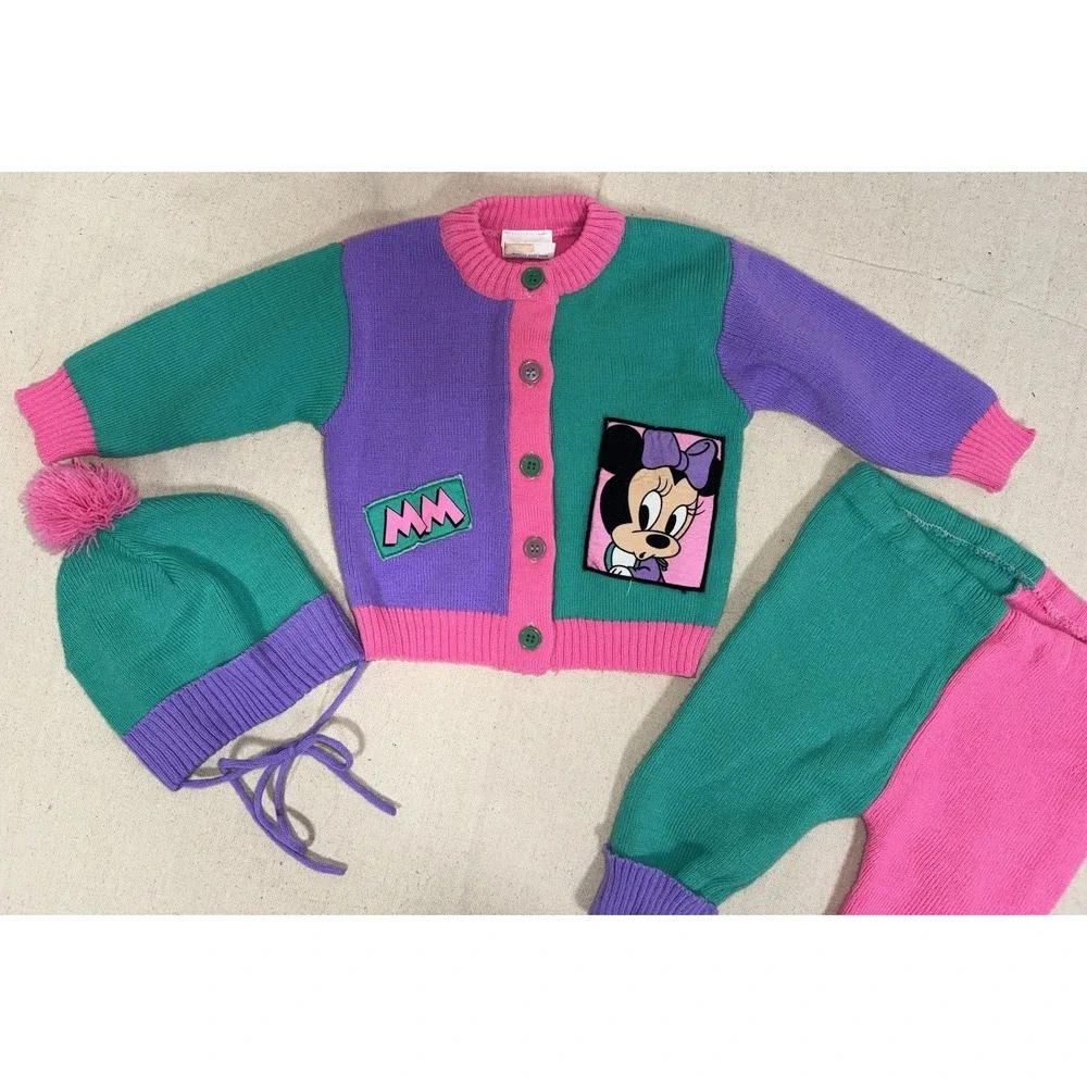 1984 Vtg Disney Babies Minnie Mouse Knit ColorBlock Cardigan Pants Hat Set‎ 0-6M